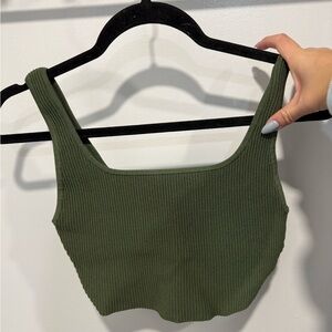 New Babaton Olive Green Ribbed Sculpt Knit Top